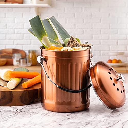Stainless Steel Compost Bin for Kitchen Countertop - Premium 1.3 Gallon with Dual Filter - Matt Copper