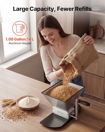 VEVOR 4L Manual Grain Mill with Adjustable Stainless Steel Rollers for Homebrewing