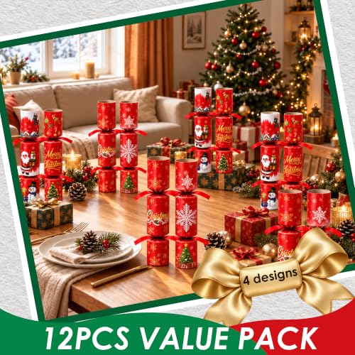 12 Pack Christmas Crackers 10 Inch No-Snap Pull Favors with Surprises