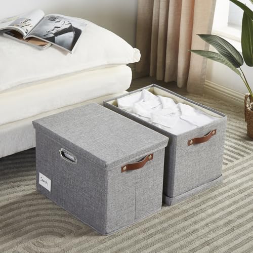 Large Fabric Storage Box with Lids - Gray 3-Pack, 17 Inch Home Organization