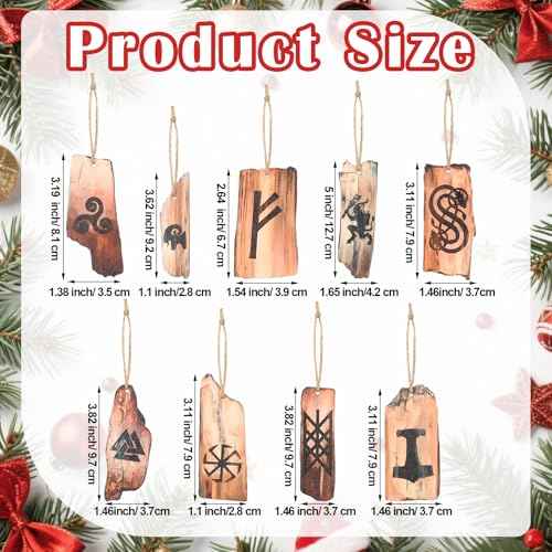 9 Pcs Viking Rune Yule Ornaments Pagan Wooden Christmas Tree Hanging Decorations Natural Wood Retro Ornaments for Xmas Party Decor