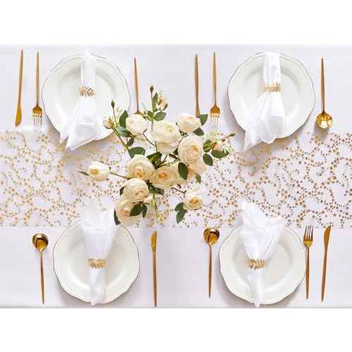 YATOJUZI Gold Table Runner,16 Ft Golden Star Sheer Chiffon Tulle Table Runner,Sequin Glitter Metallic Foil Gold Table Decorations Centerpiece for Wedding Birthday Christmas Party