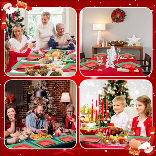 Maxcheck Christmas Disposable Square Plates Set 80 pcs, Red & Green Holiday Dinnerware