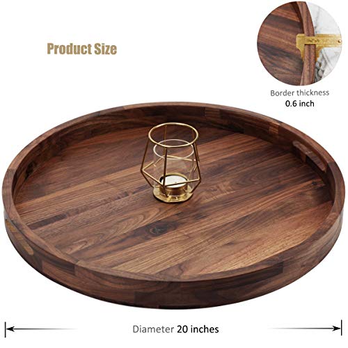 20-Inch Black Walnut Wooden Ottoman Tray with Handles - Extra Large Round Coffee Table Accessory
