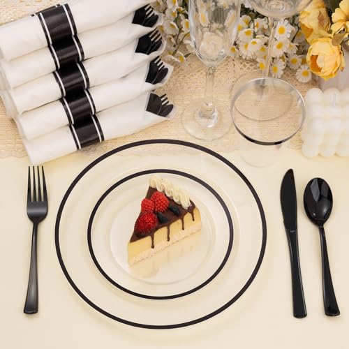 BESTSTAR Black and Clear Disposable Plastic Plate Set for 50 Guests - 350 Pieces