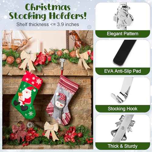 Christmas Stocking Holders, 4 Pack Xmas Stocking Holders Hangers for Mantel Fireplace Metal Stocking Hooks Stand for Christmas Party Decoration, Silver