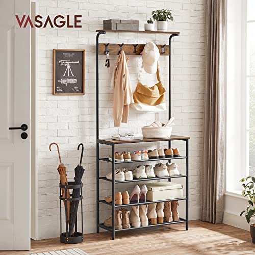 VASAGLE 31.5W Hall Tree with Shoe Bench, 5-Tier Shoe Rack & Dual Hooks, Rustic Brown & Black