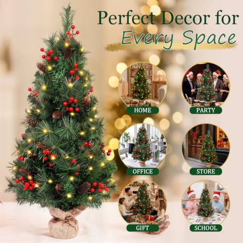 3ft Prelit Tabletop Christmas Tree with 70 LEDs, Berries & Pine Cones