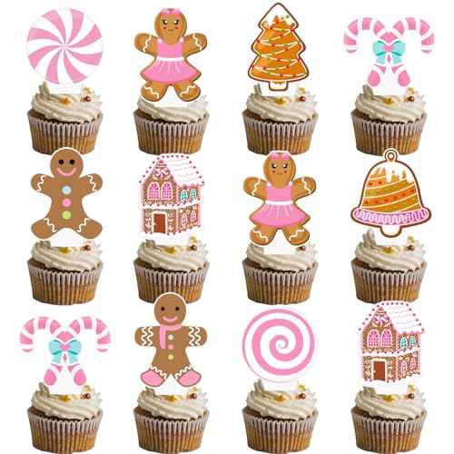 Pink Christmas Gingerbread Cupcake Toppers 48PCS Gingerbread Man Cake Decorations Candy Xmas Tree Cupcake Picks Christmas Party Decorations for Winter Holiday Baby Shower Birthday Supplies