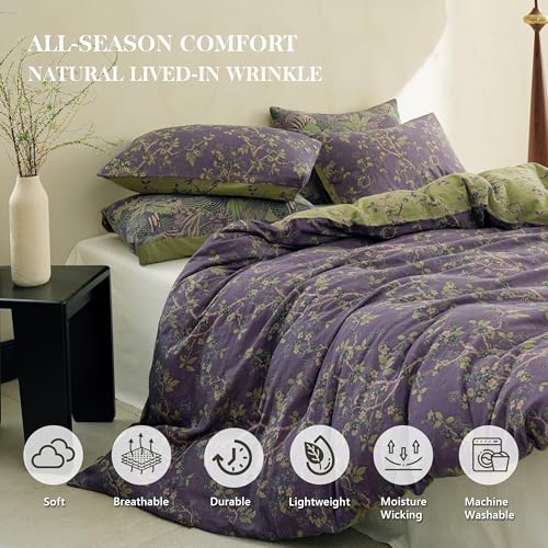 Queen Size Purple Floral Muslin Duvet Cover Set with Zipper & Corner Ties