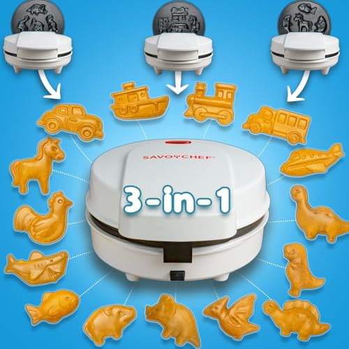 Kids Waffle Maker with 15 Mini Shape Plates - Dinosaur, Car & Animal Designs