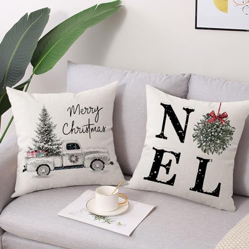 Coeufuedy Christmas Pillow Covers - 18x18 Inch Set of 4 Home Noel Truck Tree Holiday Cushion Covers Farmhouse Christmas Decoration for Sofa Couch Living Room