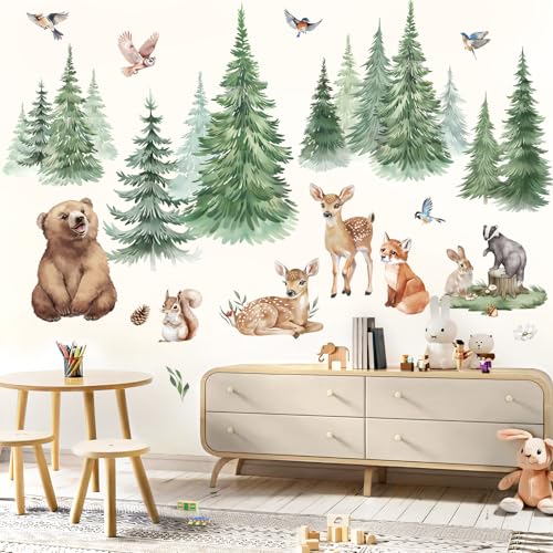 wondever Large Pine Tree Animals Wall Stickers Woodland Animal Bear Deer Fox Peel and Stick Wall Art Decals for Baby Nursery Kids Bedroom Living Room