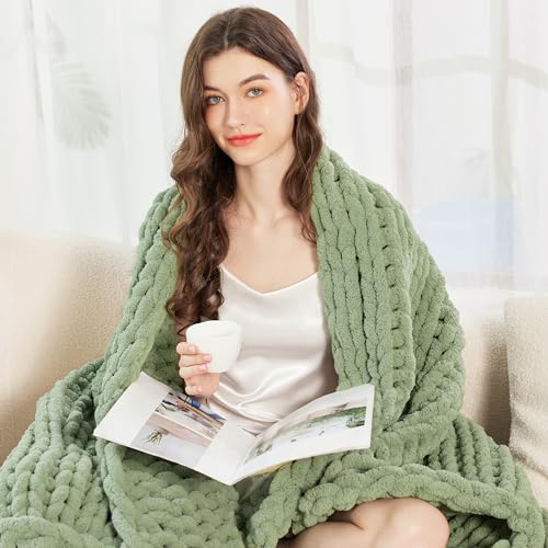 Admitrack Sage Green Chunky Knit Blanket Throw 60x80 - Cozy Couch Decor