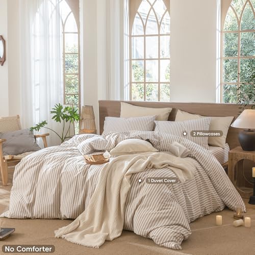 Cal King Striped Duvet Cover Set 100% Washed Cotton Linen-Like - Classic Tannish Grey & White