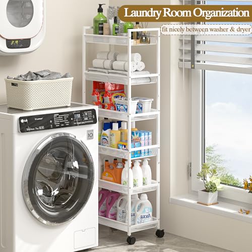 White 6-Tier Slim Rolling Storage Cart - Narrow Mobile Organizer with Wheels
