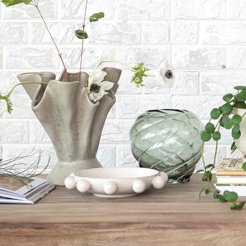Cream Reactive Glaze Stoneware Bowl with Orbs - 9.63 Inch Serving Dish