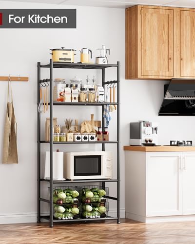 Black 5-Tier Metal Storage Shelves with Hooks - Heavy Duty Garage & Home Organizer