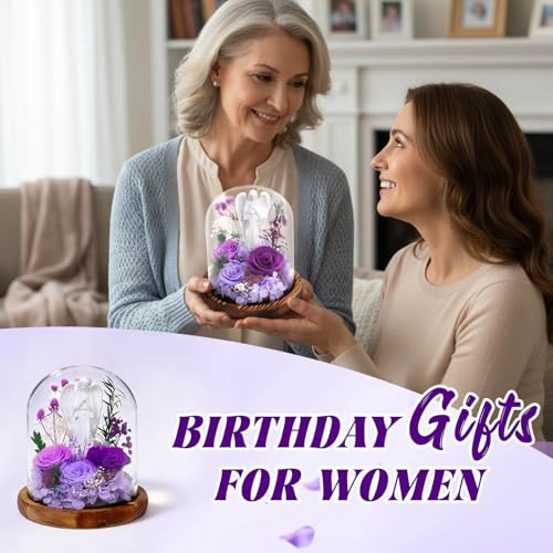 Purple Forever Real Rose Gift for Mom Women Teacher with LED Glass Dome