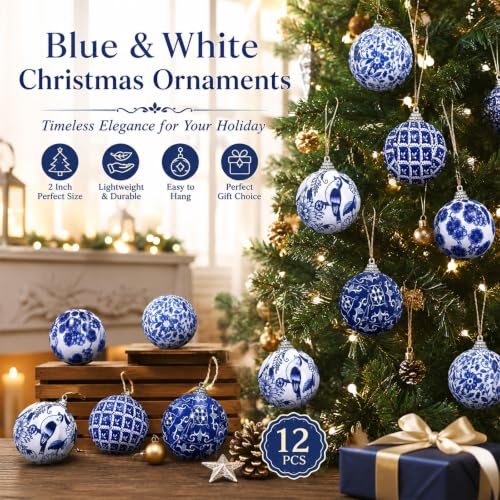 Preboun 12 Pcs Christmas Chinoiserie Blue Ornaments 1.97 Inch
