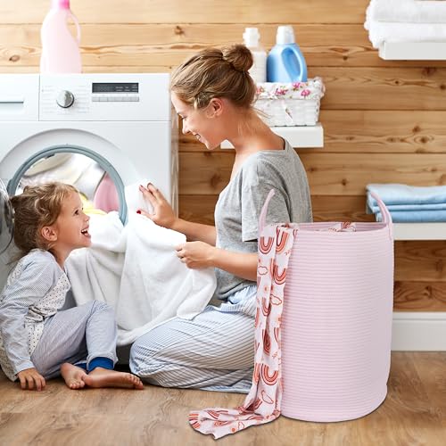 XUANGUO Large Light Pink Cotton Rope Laundry Hamper with Handles