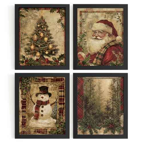 DSHFG Vintage Christmas Wall Art Santa Claus Decor Snowman Wall Art Prints, Retro Christmas Winter Decorations for Home Bedroom Bathroom Kitchen Living Room Set of 4, 8x10 Unframed