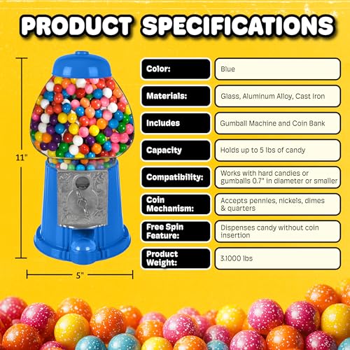 Vintage Blue Gumball Machine - 11 Inch Candy Dispenser & Coin Bank