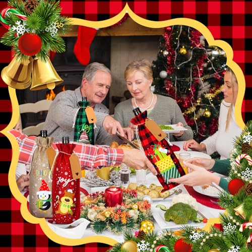 24 Pcs Christmas Burlap Wine Bags with Tags & Drawstrings - 5.9 x 13.8in