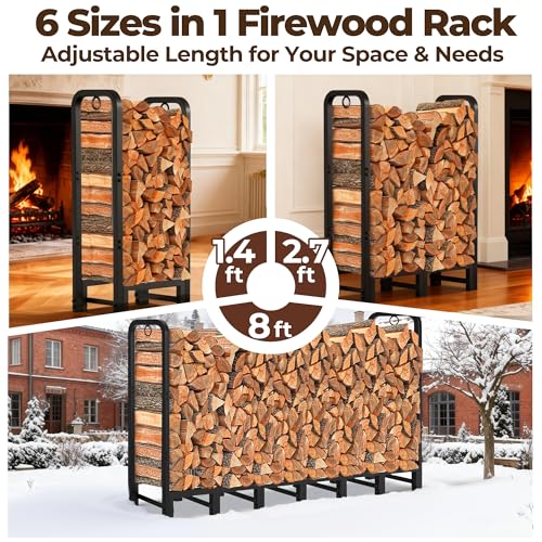 8ft Firewood Log Rack Outdoor Heavy Duty Steel Firewood Holder with Lock Rings