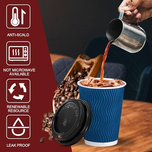 Blue 12 oz Disposable Coffee Cups with Lids - 100 Pack