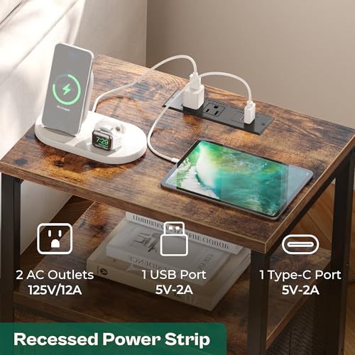 Huuger Rustic Brown Nightstands Set of 2 with Charging Stations, 2 Drawers, 15.7x23.6 inches