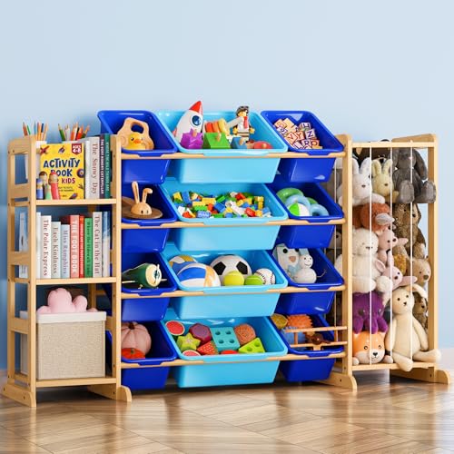 Kids Toy Storage Organizer with Bookshelf & 12 Bins - Blue, 55.2" Wide, 3 Shelves & Toddler Playroom Storage