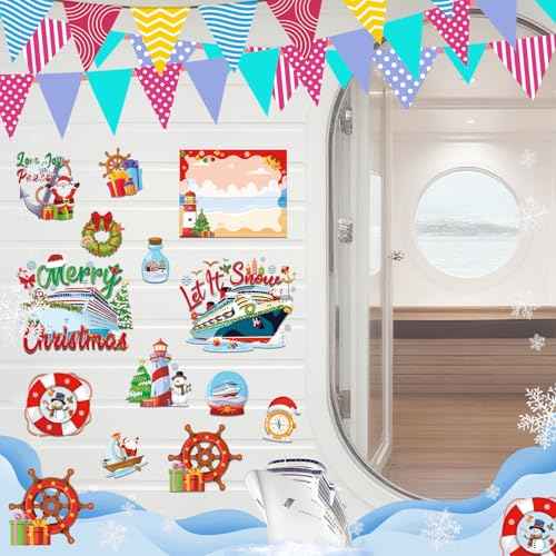Christmas Cruise Door Magnets - 16 Pcs Cute Merry Xmas Ship Cabin Decorations Magnetic Stickers Anchor Stateroom Snowman Santa Decal Decor with Pens for Whiteboard Fridge Party Car Gifts