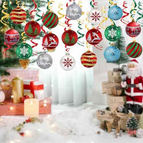 30 Pcs Pre-Strung Christmas Hanging Swirl Decorations, Christmas Ball Hanging Foil Streamer, Christmas Home Party Outdoor Indoor Decor Christmas Tree Snowflake Reindeer Ceiling Party Supplies