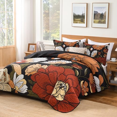 Queen Size Boho Floral Quilt Set - Reversible Bedspread with Pillow Shams