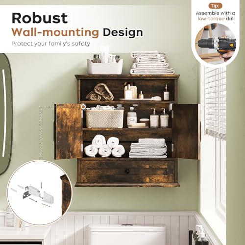 Rustic Brown Bathroom Wall Cabinet - 24.4"H x 23.6"W x 9"D Wall Mounted Medicine Cabinet