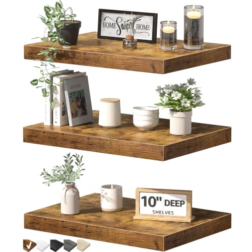 QEEIG 10-Inch Deep Floating Wall Shelves Set of 3 in Brown – Under TV, Fireplace, or Entryway Storage