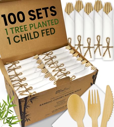 Set of 100 EcoPreps Bamboo Cutlery and Napkin Set - Biodegradable Party Pack