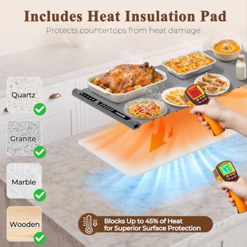 Electric Food Warming Mat with Heat-Resistant Pad - XL 15x35.5 Inches Gray - Preset & Adjustable Temperature