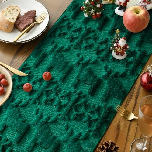 OTOSTAR Snowflake & Elk 13x108in Plush Faux Fur Table Runner, Green