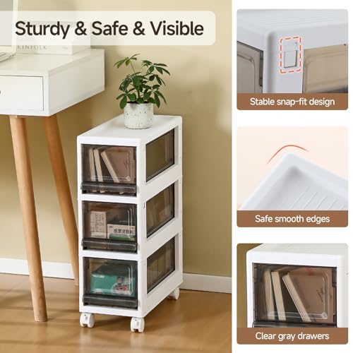 Gray Plastic 3 Drawer Storage Organizer Cart - Narrow Mobile Storage