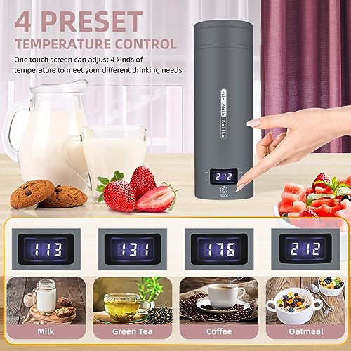QRAGJBM Grey Portable Electric Travel Kettle 450ml, 4 Temp Settings, Fast Boil