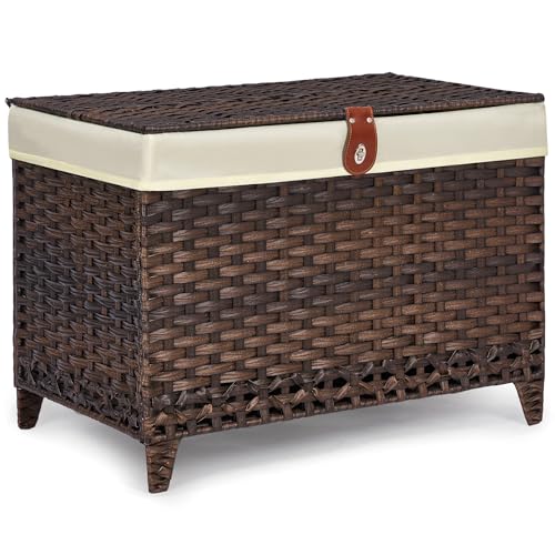 Honjourai 160L Wicker Storage Basket with Lid & Removable Liner - Brown