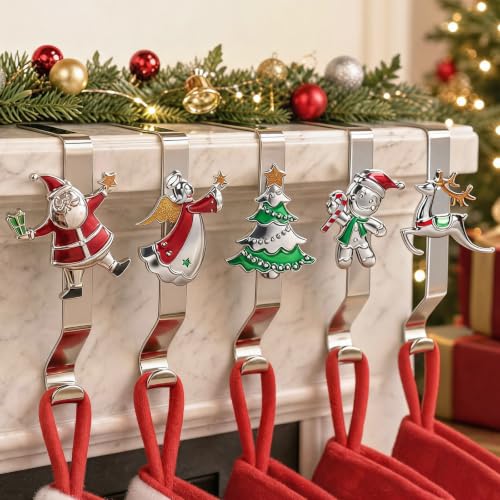 XENTUMI Colorful Set of 5 Reusable Christmas Stocking Holders for Mantle No-Damage Xmas Hooks