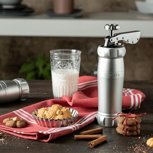 Silver Biscuit Cookie Press with 20 Shapes & 2 Sizes - Made in Italy