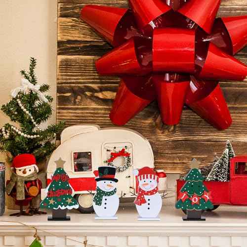 DECSPAS Christmas Decorations Indoor, 4 PCS Wood Christmas Trees & Snowmen for Centerpiece Table Decorations, Wooden Tiered Tray for Xmas Decor, Home, Winter, Tabletop, Mantel, Shelf, Gifts