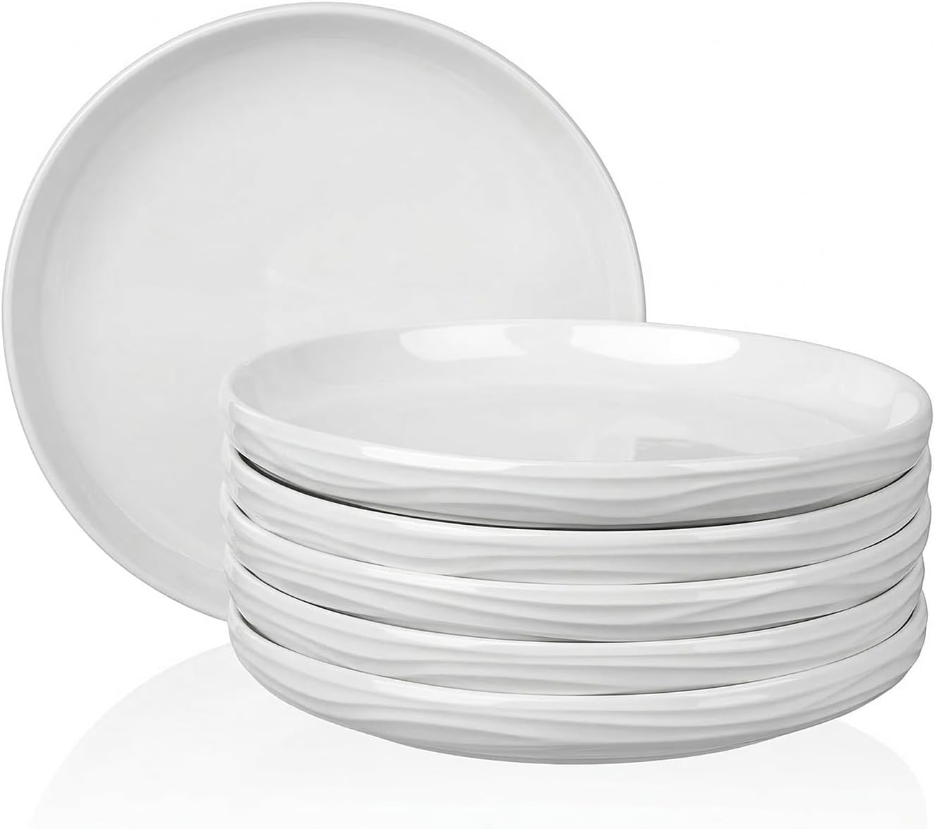 Skiennix White Salad Plates Set of 6 - 8 Inch Porcelain Dinner Plates | Ribbed Texture, Microwave & Dishwasher Safe