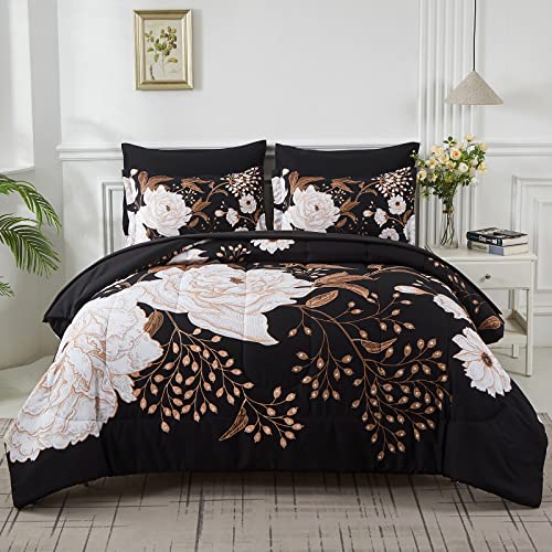 Yogeneg Black Floral 7-Piece King Bed in a Bag Comforter Set Botanical Bedding