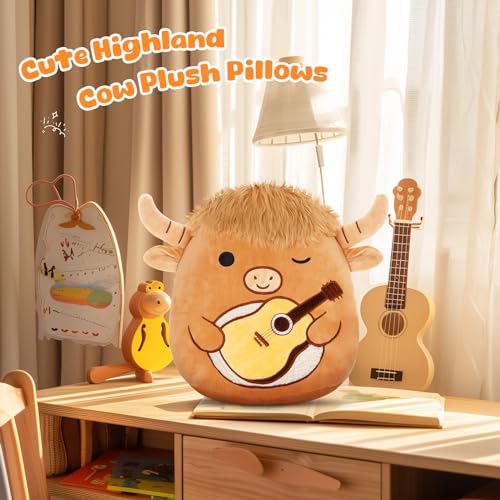 Glow Guards 12'' Heartbeat Scottish Highland Cow Plush Pillow Cute Recordable Stuffed Animal Recorder Cow Plush Toy Birthday Gift for Boys Girls,Brown Highland Cow
