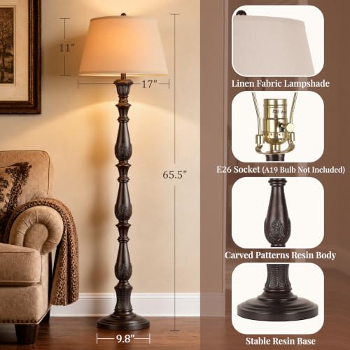 Dark Brown Vintage Floor Lamp with Linen Shade - Antique Tall Standing Lamp for Living Room & Bedroom